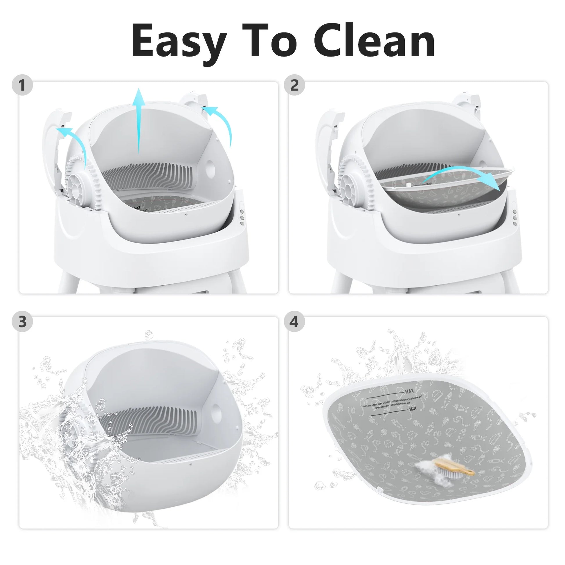 Self-Cleaning Litter Box easy to clean demonstration with step-by-step cleaning process and features.