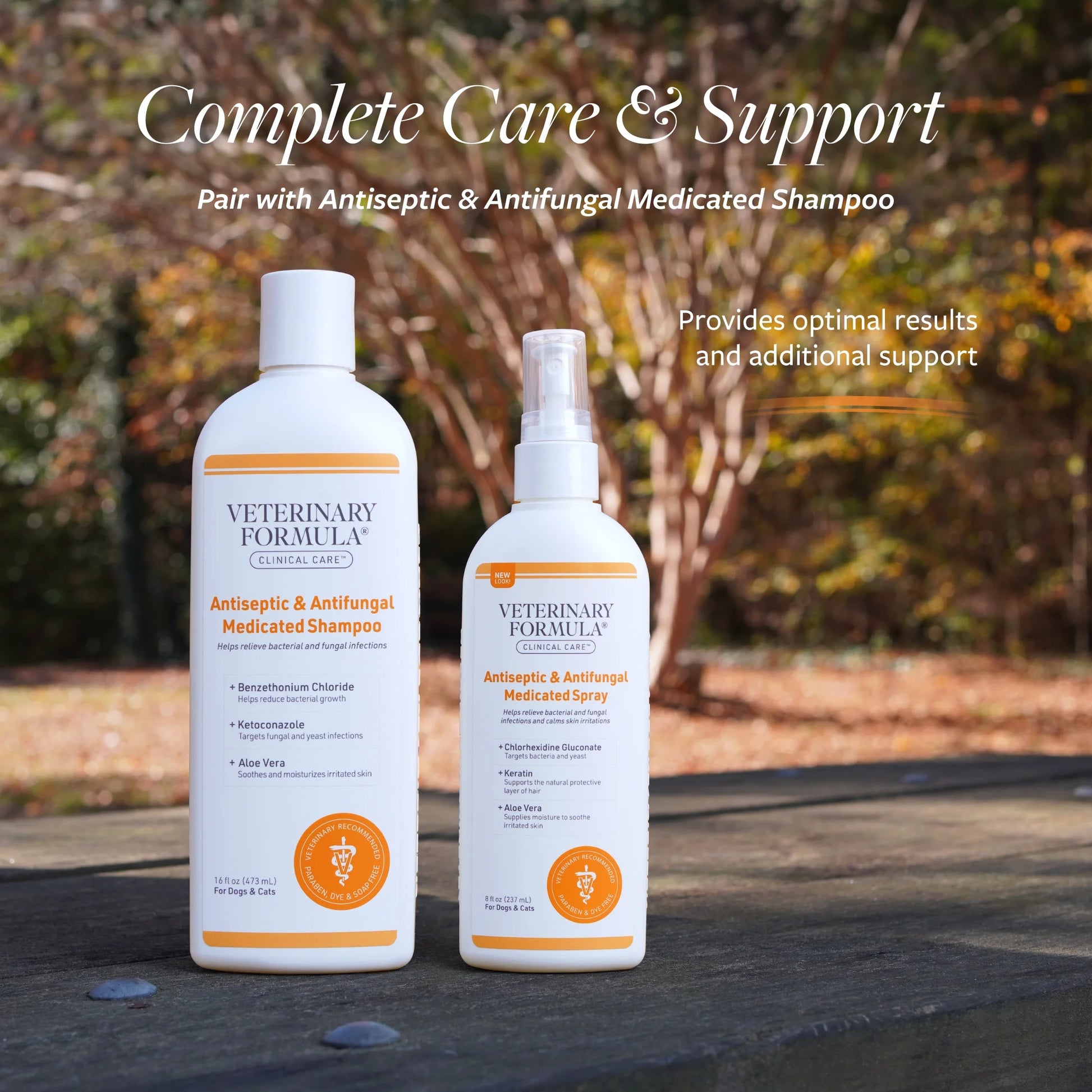 Antiseptic antifungal spray for pets and shampoo for complete care and skin support.