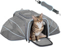 Expandable Pet Travel Carrier for Cats and Dogs with a cozy cat inside, showcasing its spacious design and mesh panels.