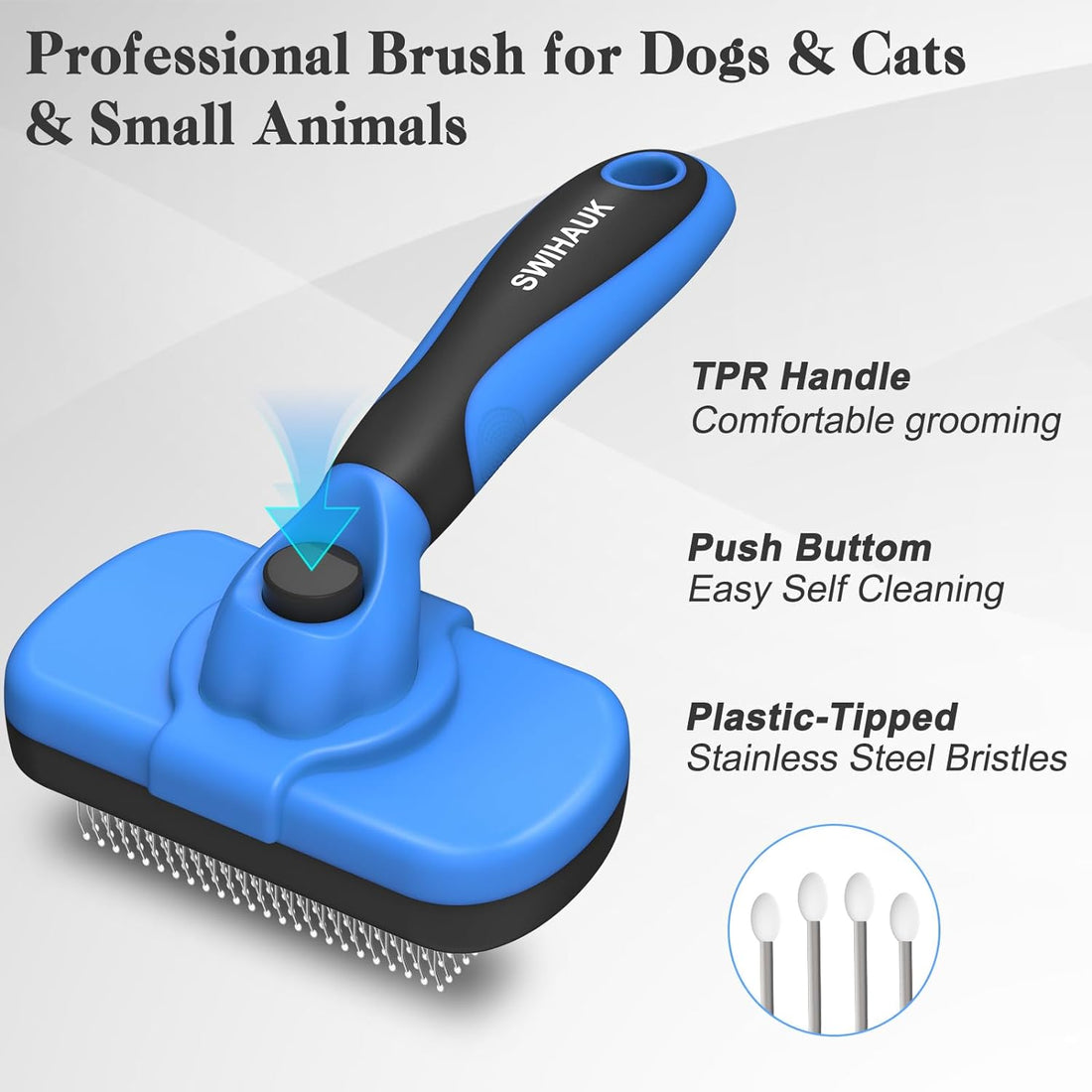 Self-cleaning slicker brush for dogs and cats, ideal deshedding tool in blue color for gentle grooming.