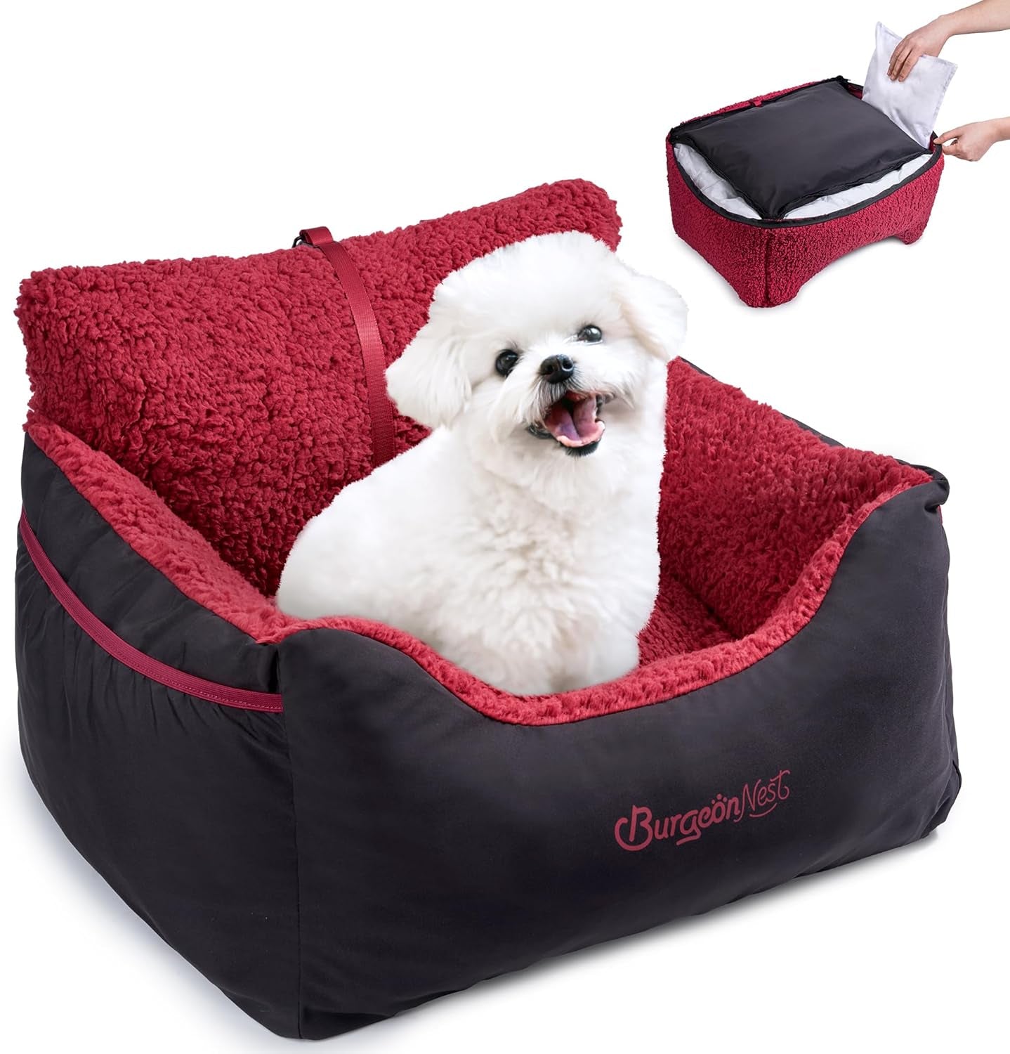 Dog booster car seat for small dogs with comfy design and removable cover, providing a secure travel experience.