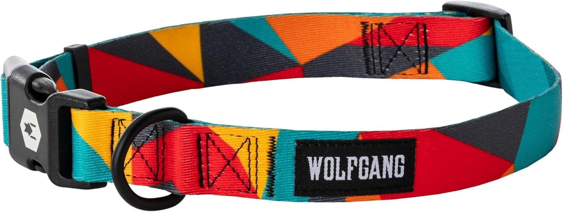 Wolfgang Heavy Duty Adjustable Dog Collar in colorful geometric pattern with quick-release buckle.