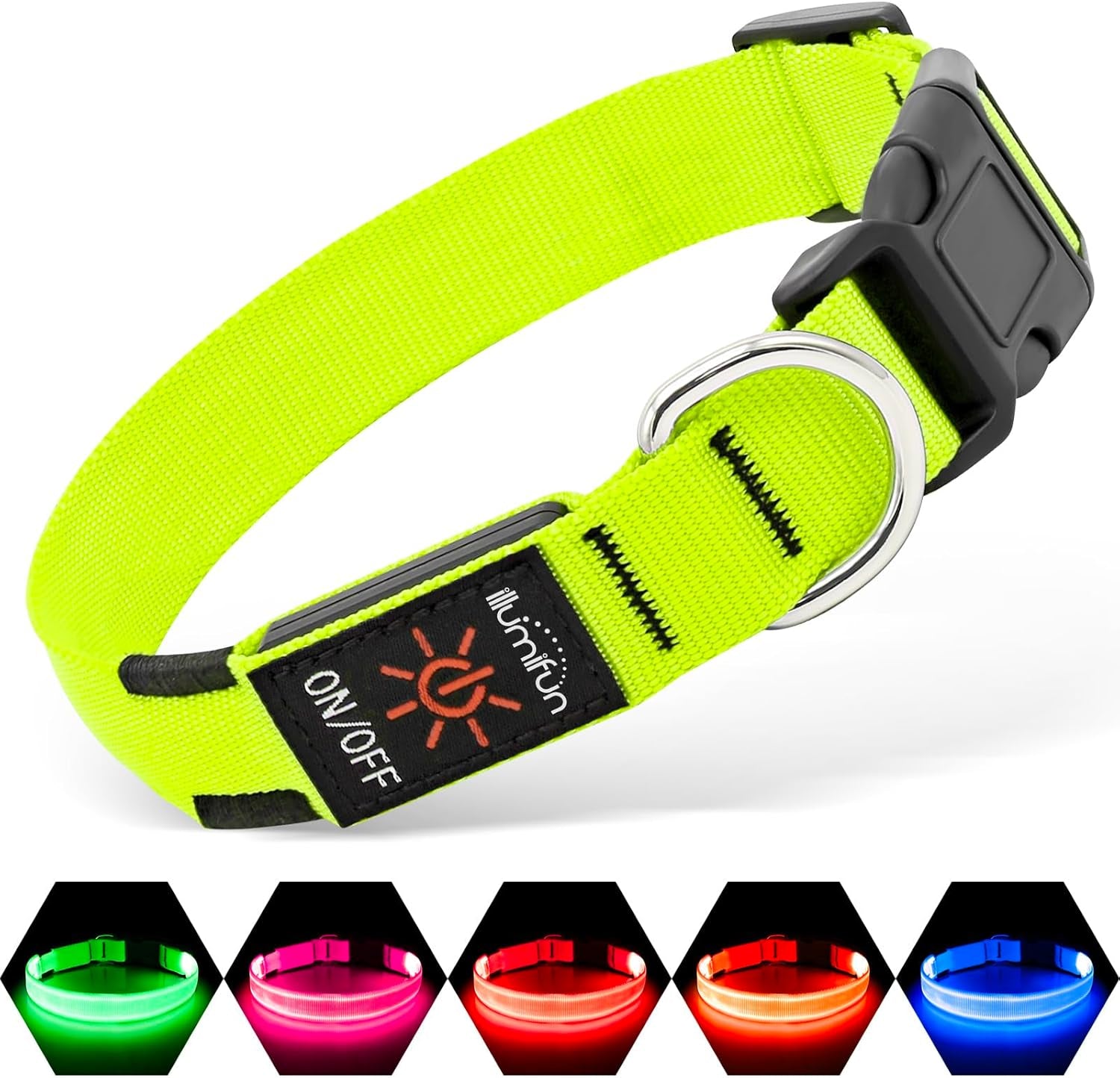 Lime Green LED dog collar with adjustable buckle and multiple light modes for night safety and visibility