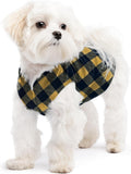 Comfortable Dog Fleece Jacket for Winter on a fluffy dog with a stylish plaid design.