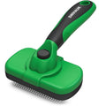 Self-cleaning slicker brush for dogs and cats, featuring a green and black design and self-cleaning button.