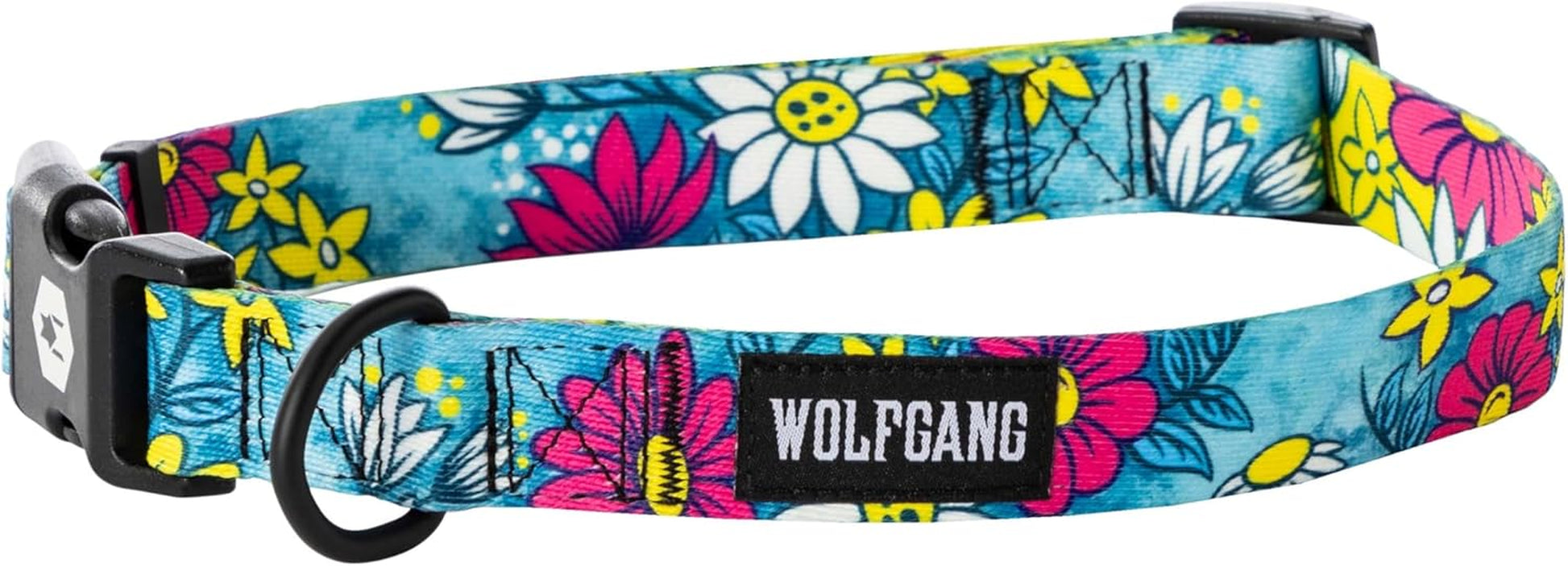 Wolfgang Heavy Duty Adjustable Dog Collar in bright floral design with quick-release buckle for small to large dogs.