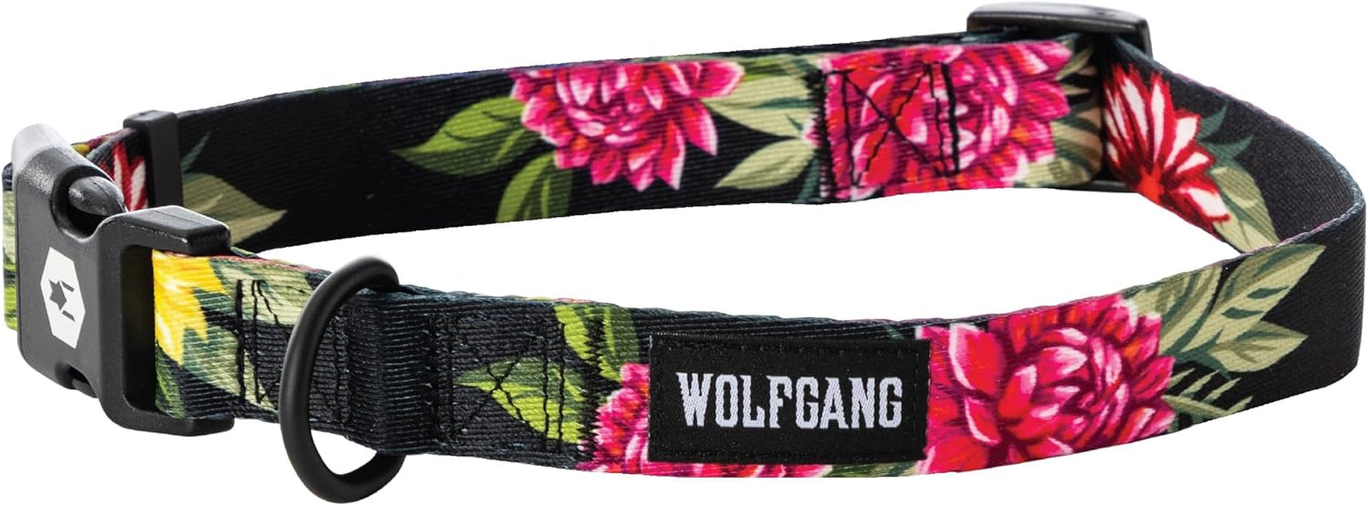 Wolfgang Heavy Duty Adjustable Dog Collar with floral design and quick-release buckle, perfect for strong dogs and training.
