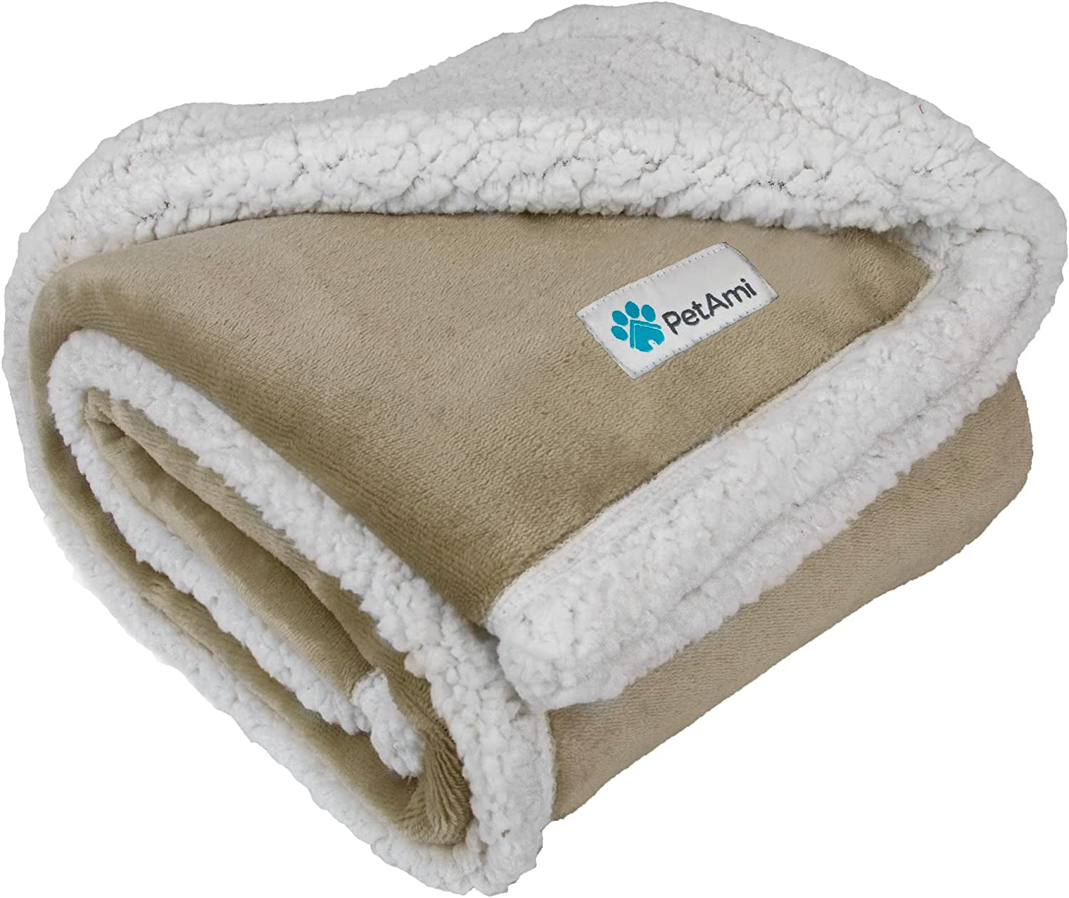 Beige reversible sherpa dog blanket folded showing soft tan fleece exterior and thick white sherpa lining for warmth and comfort