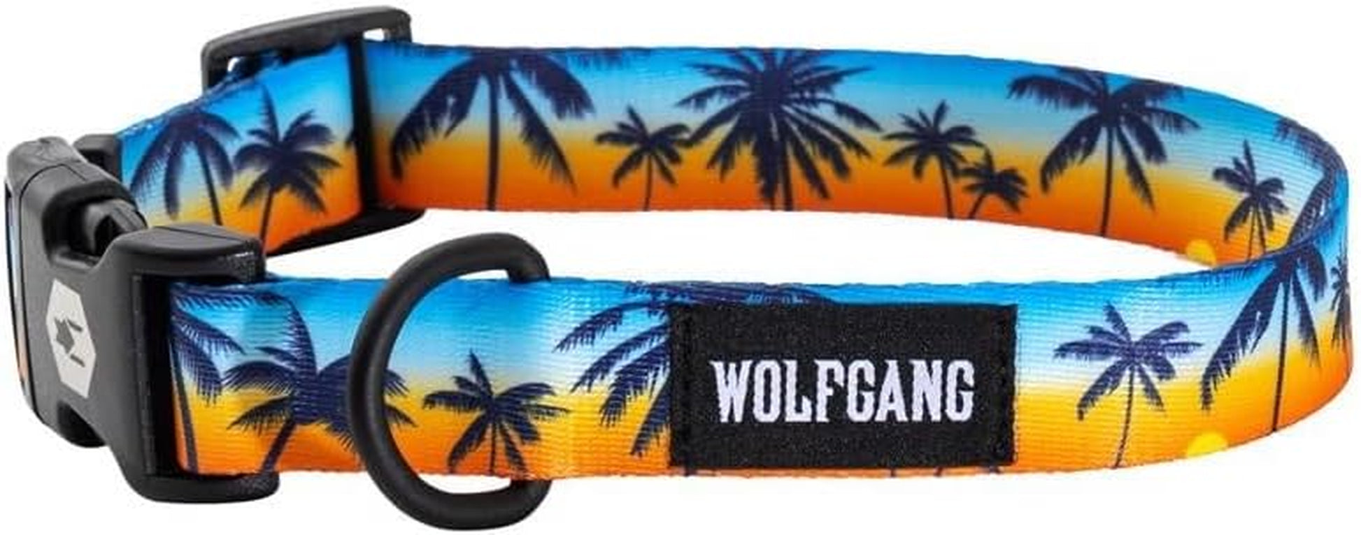 Wolfgang Heavy Duty Adjustable Dog Collar with palm tree design, featuring adjustable sizes and quick-release buckle.