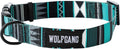 Wolfgang Heavy Duty Adjustable Dog Collar in teal and black pattern with adjustable buckle and metal D-ring.