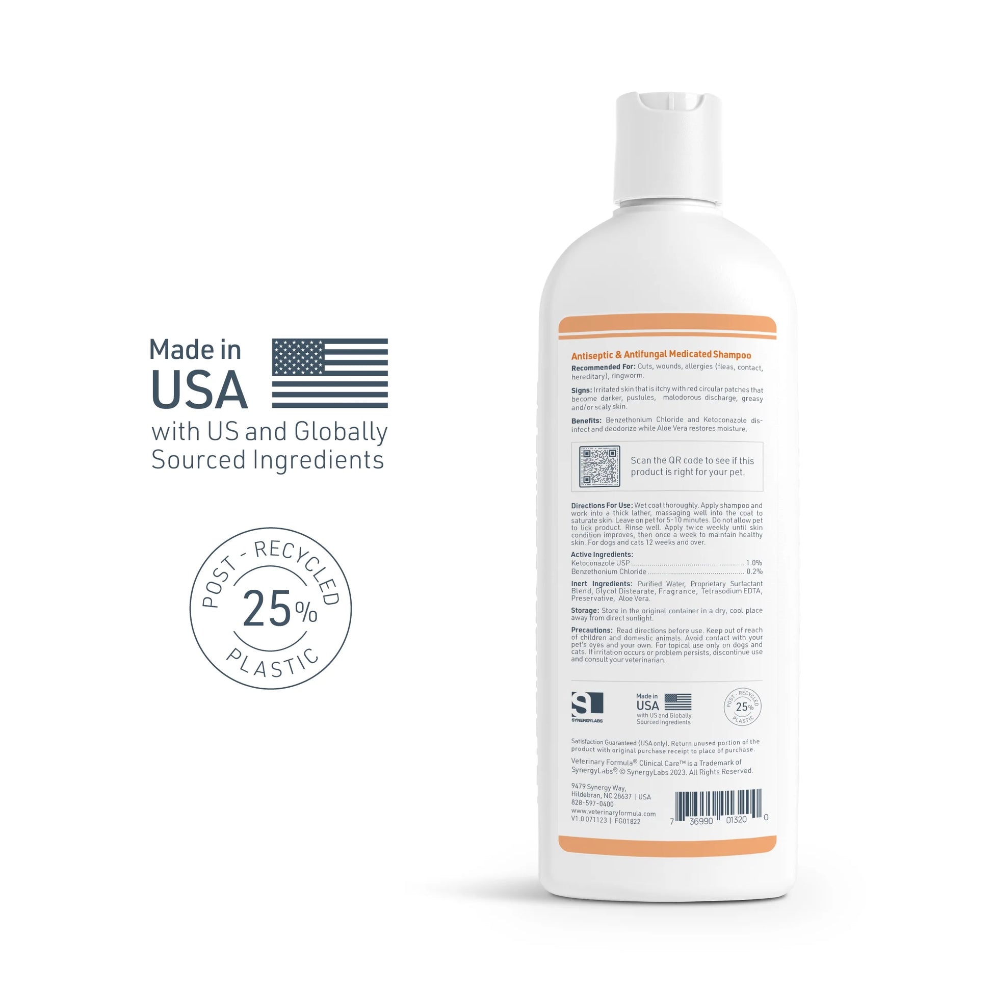 Back label of antiseptic antifungal shampoo for dogs and cats featuring ingredients and eco-friendly packaging.