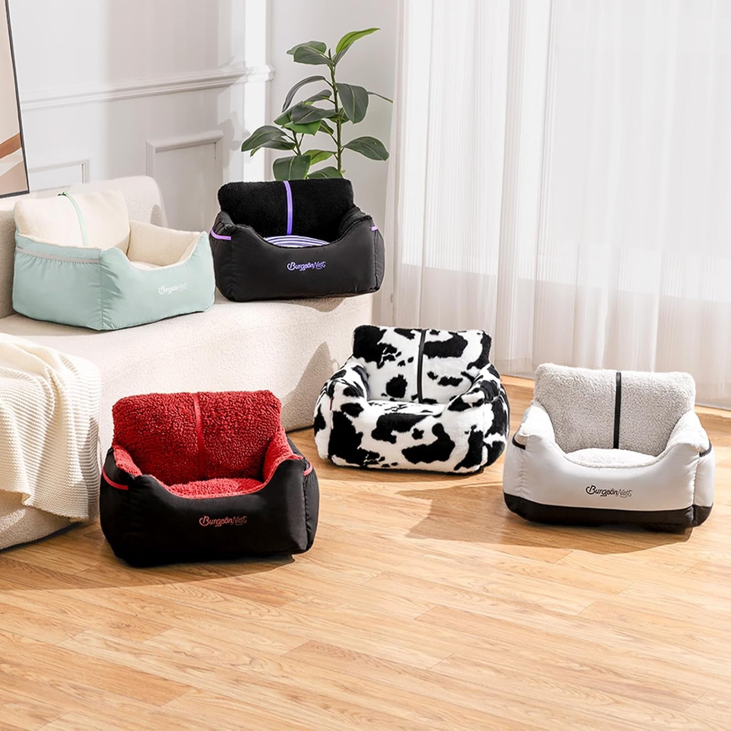 Dog booster car seat for small dogs in various colors and sizes, featuring plush designs for pet comfort.