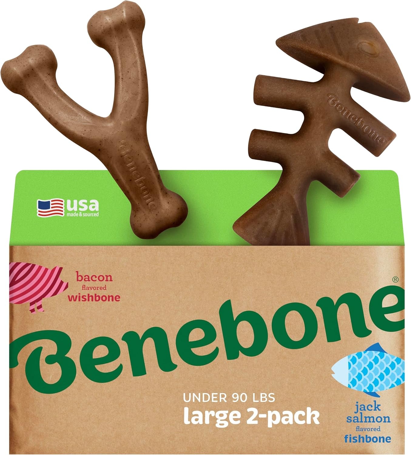 Durable Dog Chew Toy for Aggressive Chewers by Benebone, large 2-pack featuring bacon wishbone and jack salmon fishbone.