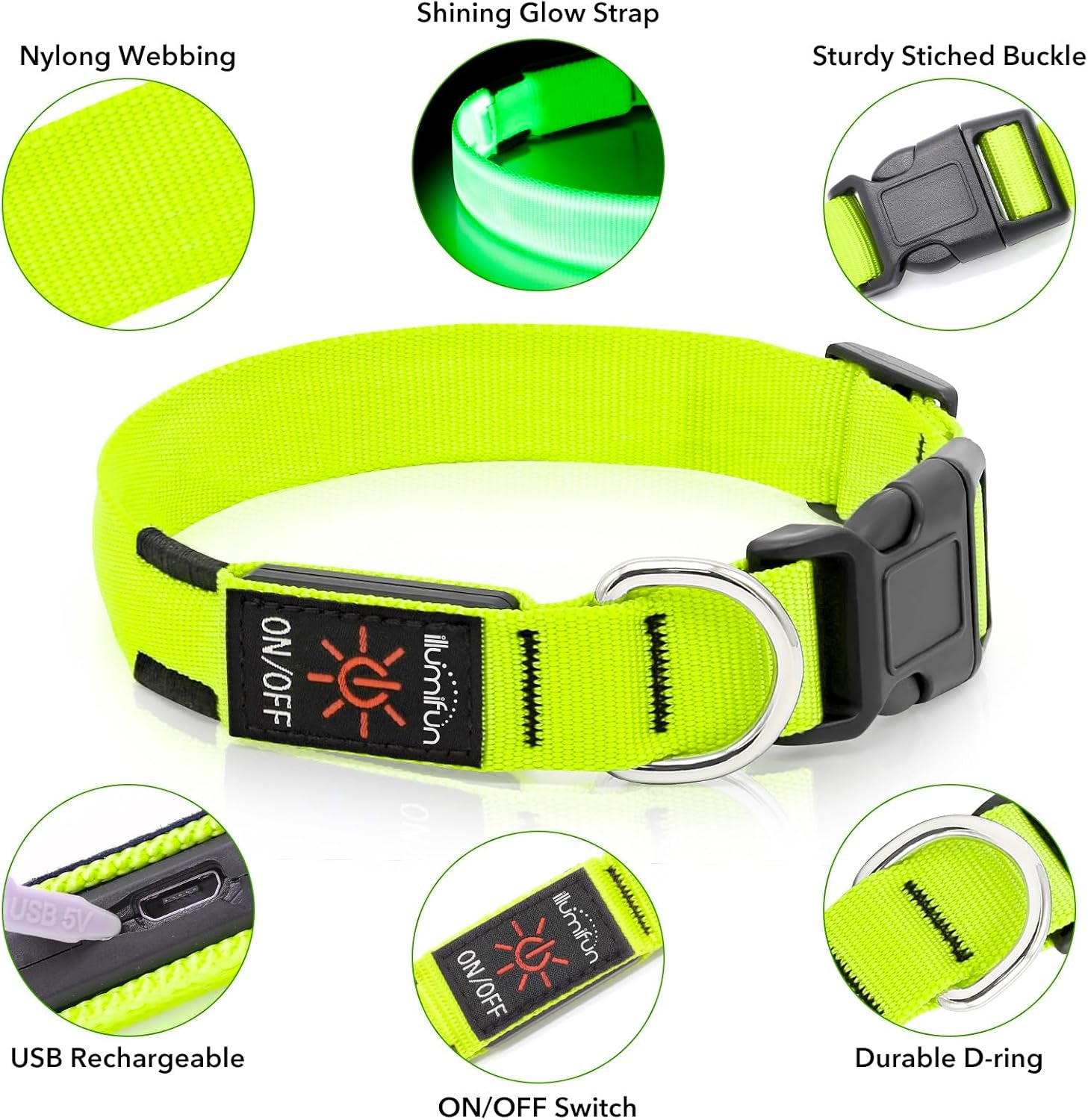 LED dog collar featuring a bright glow strap, sturdy buckle, and USB rechargeable design for nighttime visibility.
