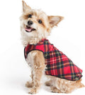 Comfortable Dog Fleece Jacket for Winter on a happy small dog with a plaid pattern, perfect for cold weather.