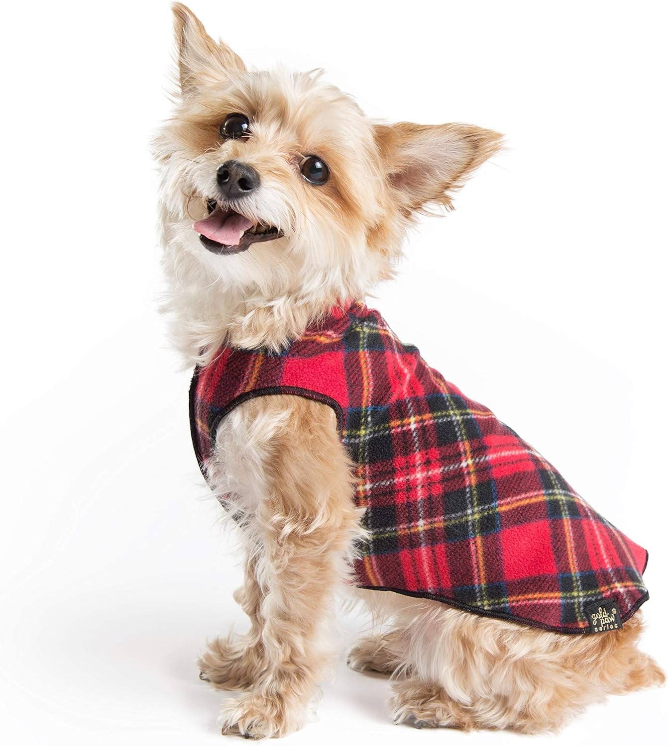 Comfortable Dog Fleece Jacket for Winter on a happy small dog with a plaid pattern, perfect for cold weather.