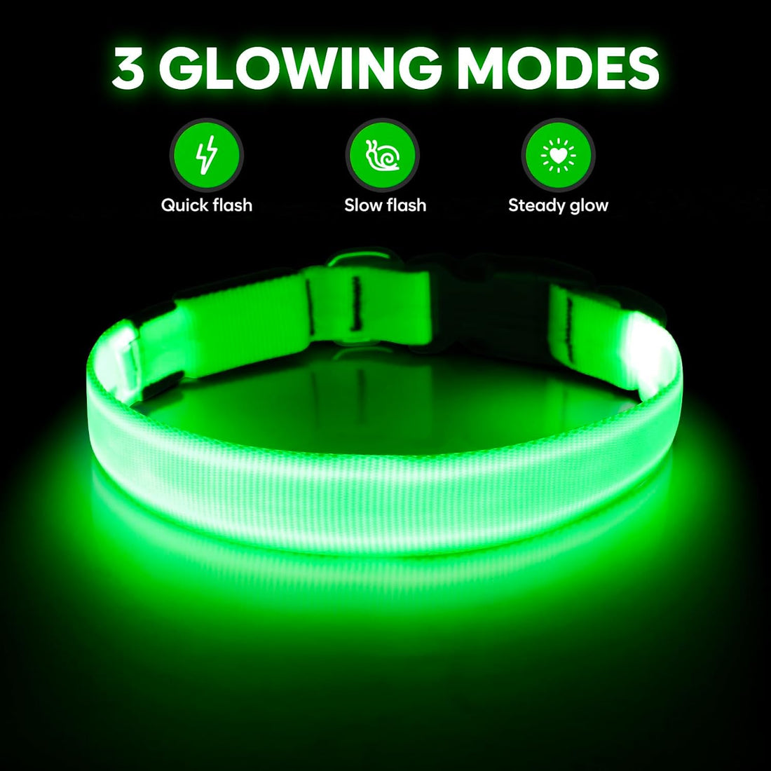 Lime Green LED dog collar with adjustable buckle and multiple light modes for night safety and visibility
