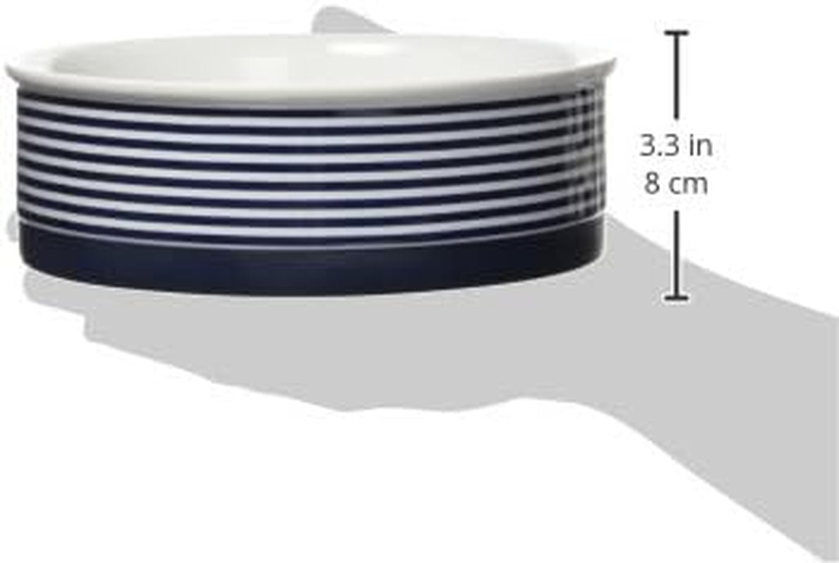 Ceramic Pet Bowl Set shown in hand, measuring 3.3 inches, features a sturdy design with navy and white stripes.