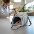 Veterinarian interacting with a cat in an Expandable Pet Travel Carrier for Cats and Dogs.