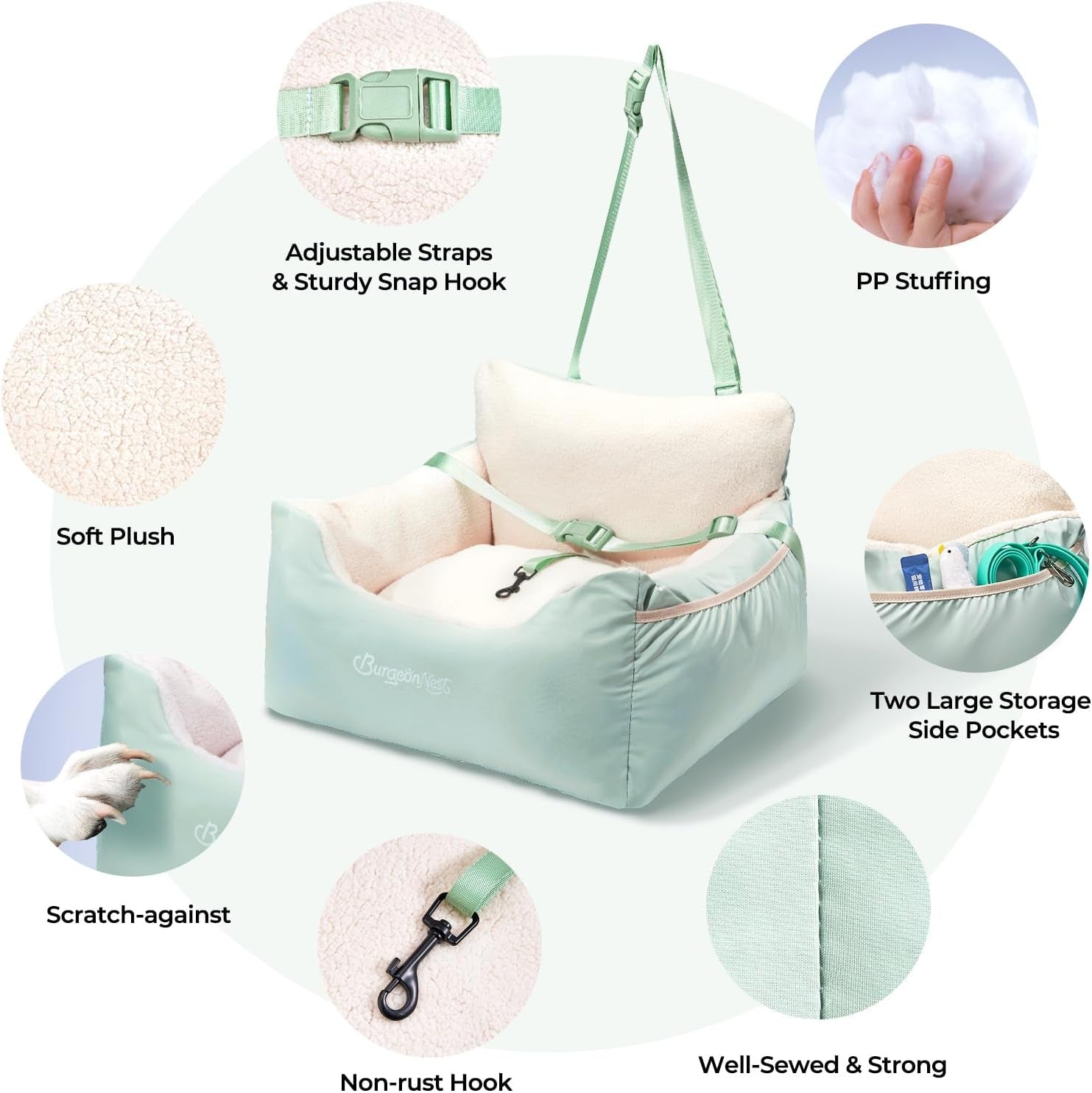 Dog booster car seat for small dogs featuring adjustable straps, PP stuffing, soft plush design, and storage pockets.