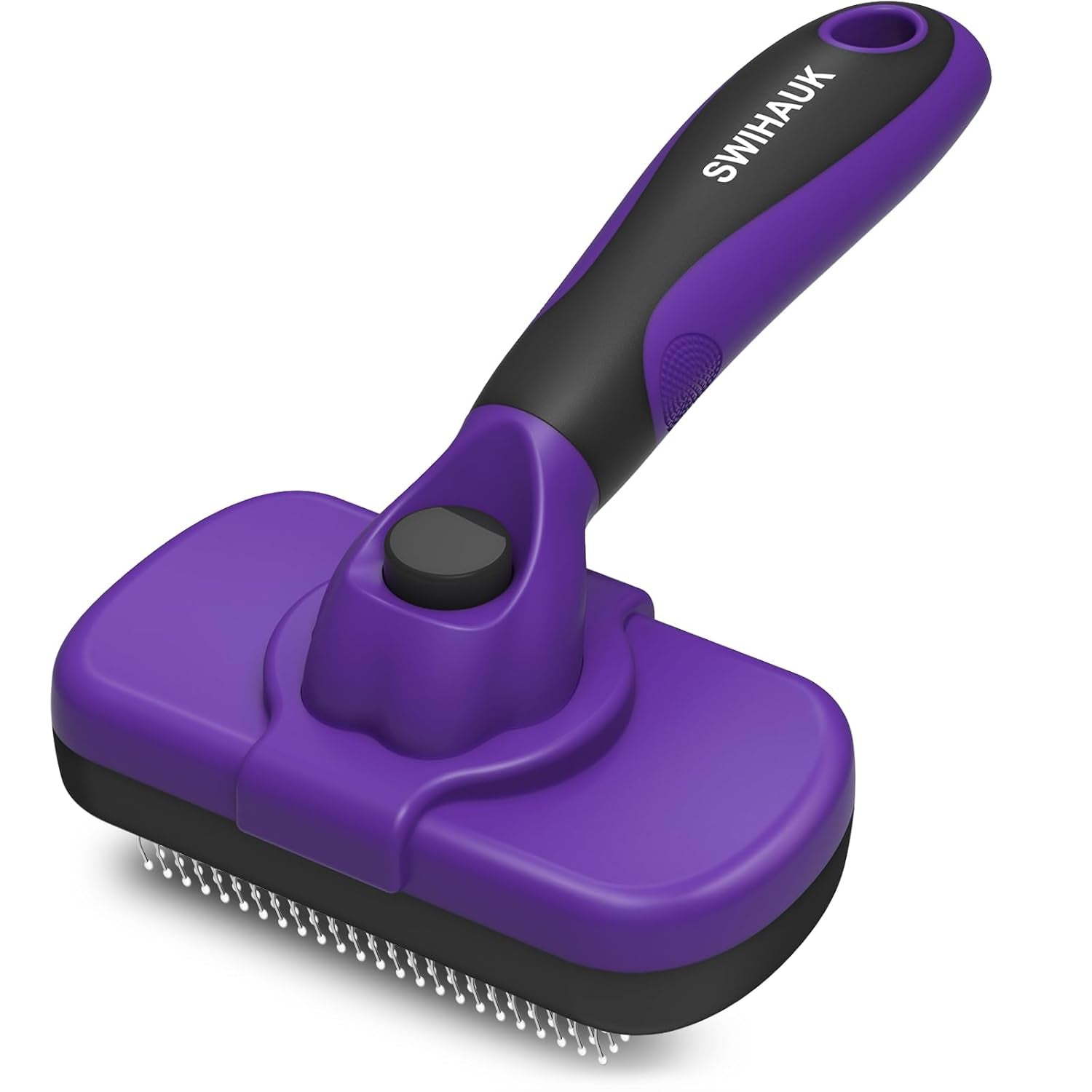 Self-cleaning slicker brush for dogs and cats, purple color, designed for easy deshedding and grooming.
