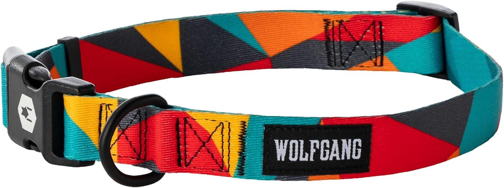 Wolfgang Heavy Duty Adjustable Dog Collar with colorful geometric pattern for dogs, featuring quick-release buckle.