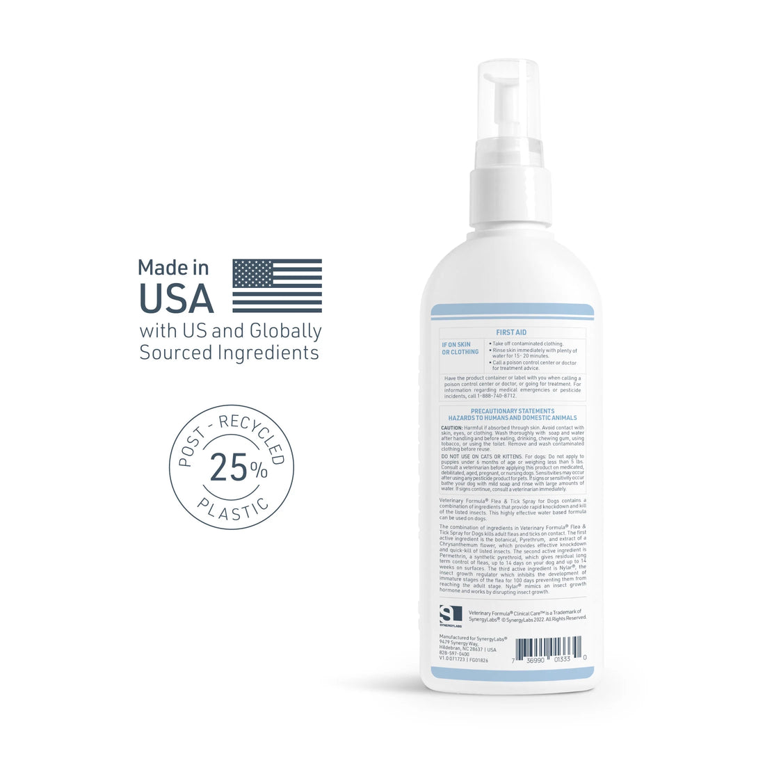 Flea and tick spray for dogs bottle with veterinary formula label showing kills on contact and easy spray nozzle design