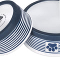 Ceramic Pet Bowl Set for Food and Water featuring striped design and paw print accents.