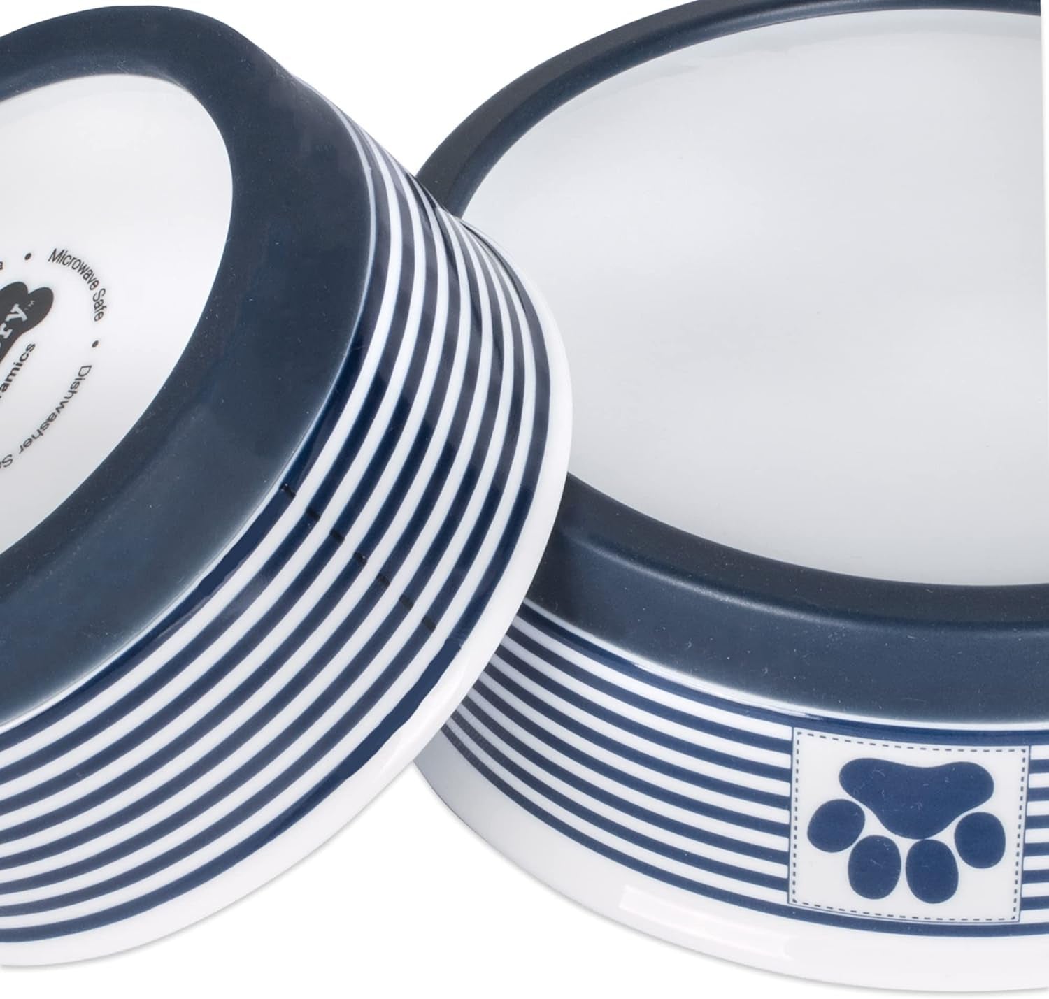 Ceramic Pet Bowl Set for Food and Water featuring striped design and paw print accents.