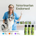 Veterinarian endorsed PAWFUME Royal Lavender Probiotic Dog Grooming Spray with dog and grooming products available in three scents.