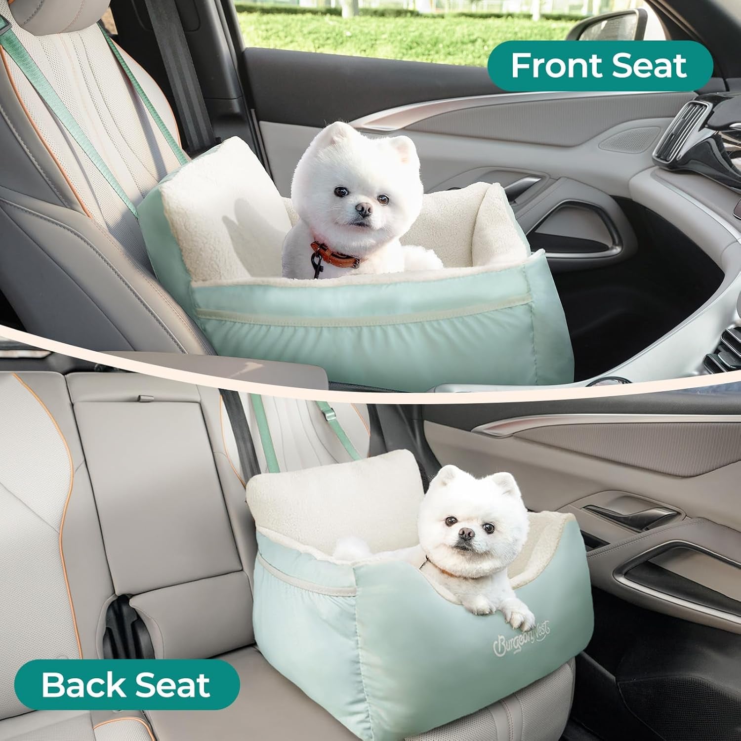 Dog booster car seat for small dogs, elevated design for secure and comfortable travel in the front and back seat.