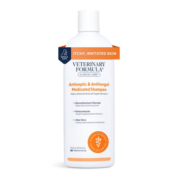 Antiseptic antifungal shampoo for dogs and cats, 16 oz bottle, designed for itchy and irritated skin relief.