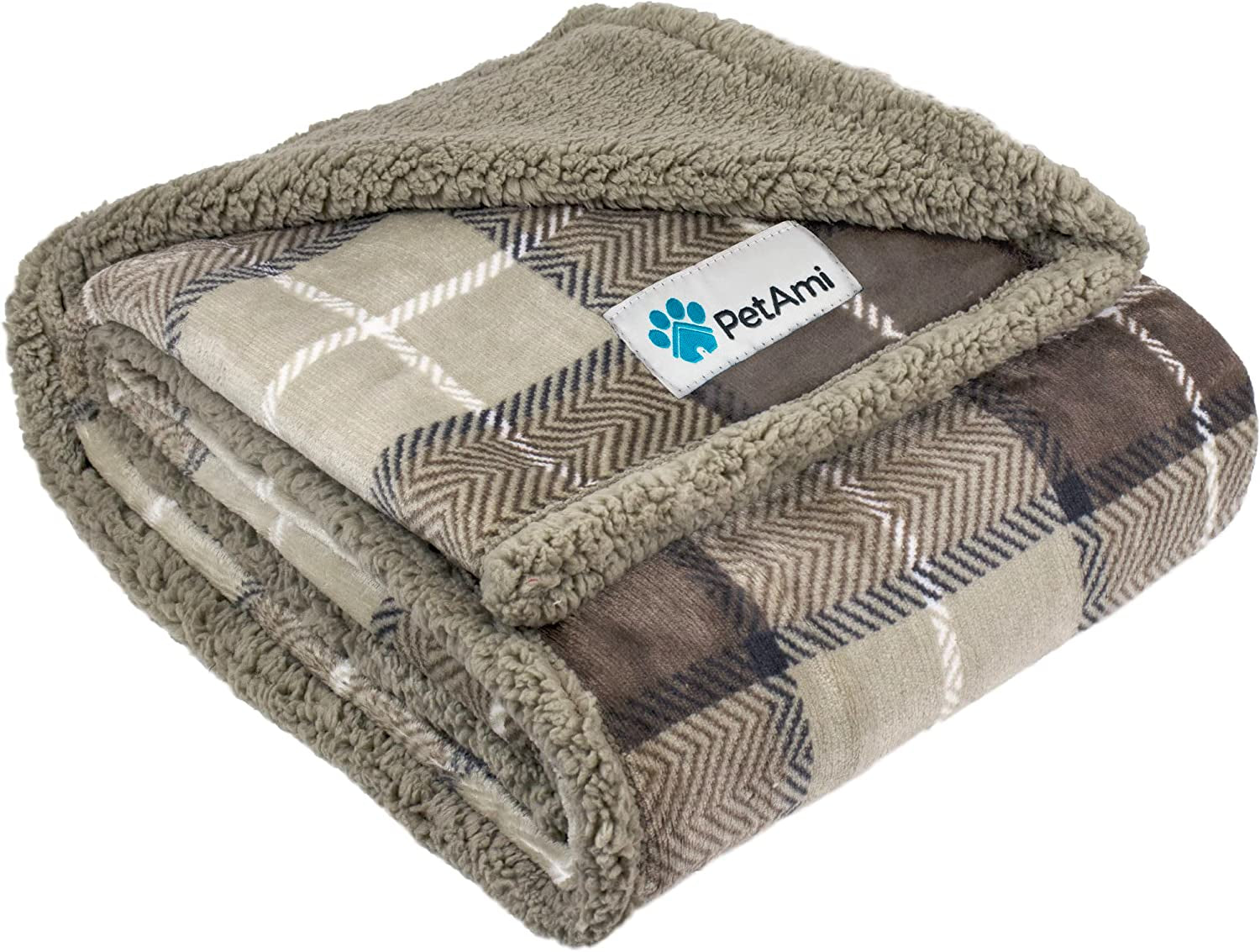 Brown plaid reversible sherpa dog blanket folded showing patterned fleece exterior and thick plush sherpa lining for warmth and pet comfort