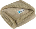 Tan reversible sherpa dog blanket folded showing soft beige fleece exterior and thick plush sherpa lining for warmth and pet comfort