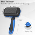 Self-cleaning slicker brush for dogs and cats with plastic-tipped bristles for comfortable grooming.