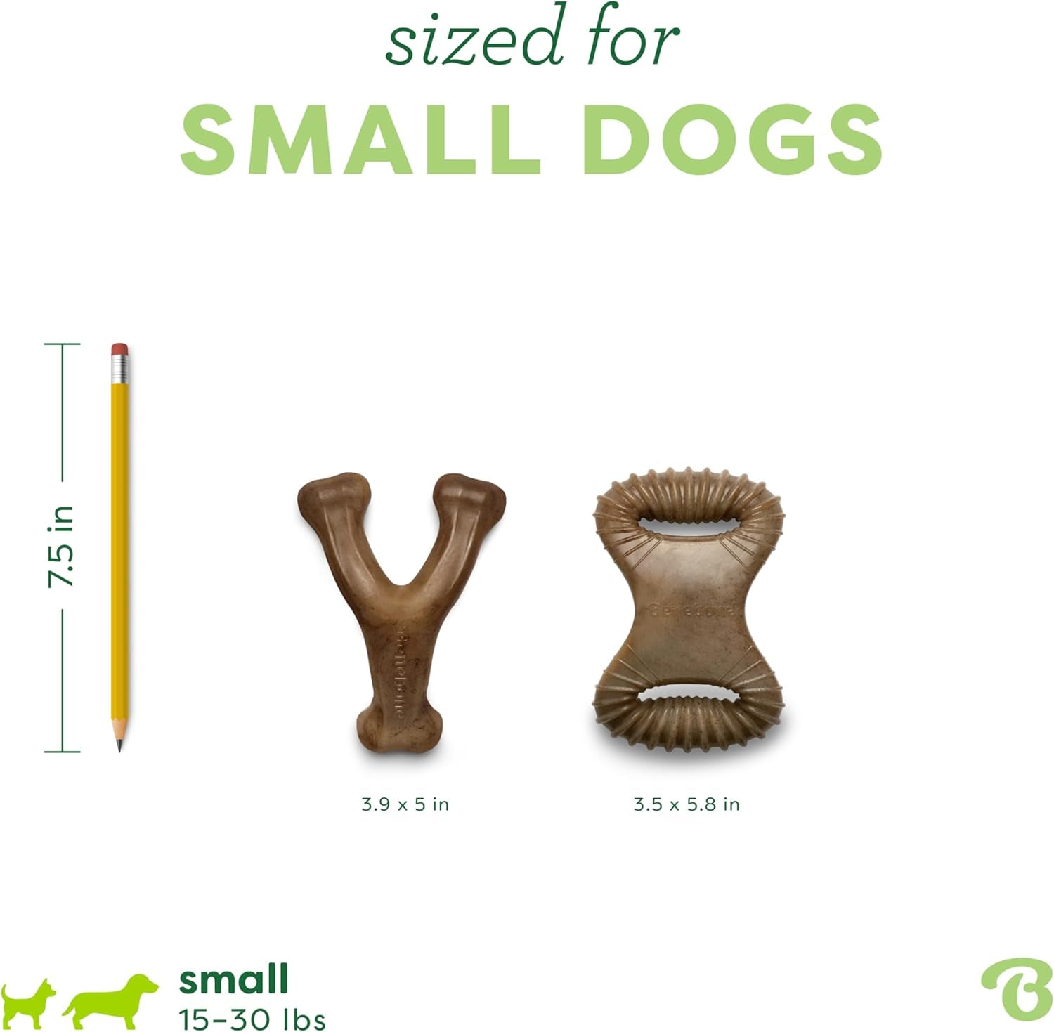 Durable Dog Chew Toy for Aggressive Chewers sized for small dogs 15-30 lbs with measurements and design.