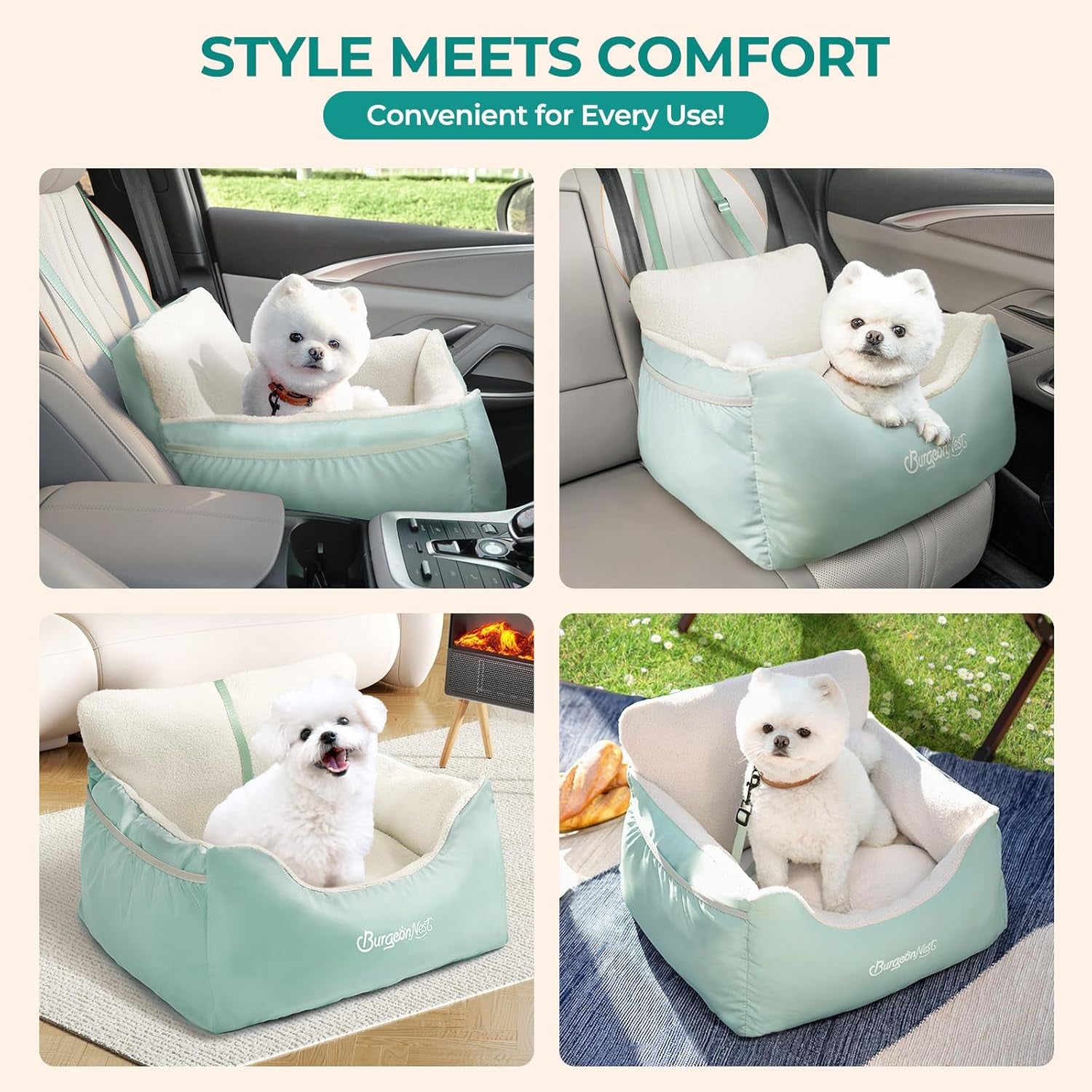 Dog booster car seat for small dogs used in car and home showing comfort style and versatile everyday use