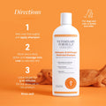 Antiseptic antifungal shampoo for dogs and cats directions for use including wet coat, lather, and rinse steps.