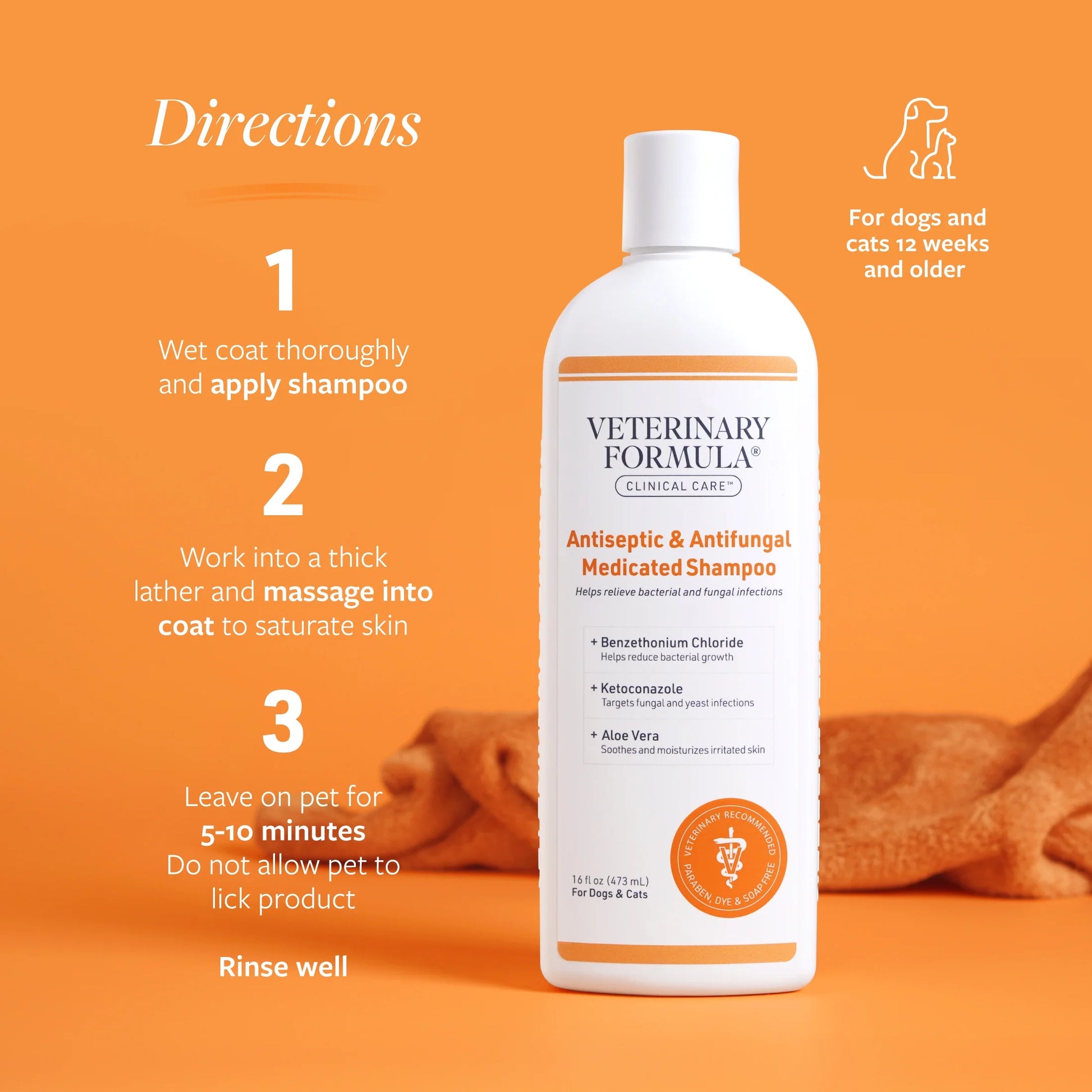 Antiseptic antifungal shampoo for dogs and cats directions for use including wet coat, lather, and rinse steps.