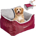 Dog booster car seat for small dogs, red travel seat for secure and comfortable pet car rides.