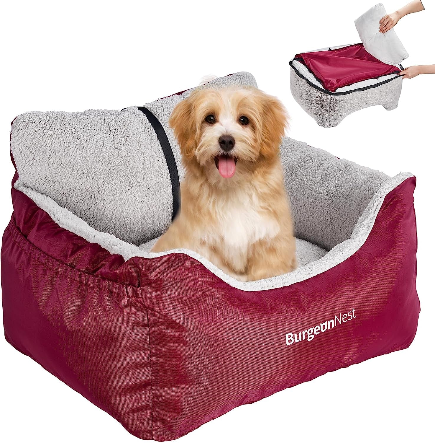 Dog booster car seat for small dogs, red travel seat for secure and comfortable pet car rides.
