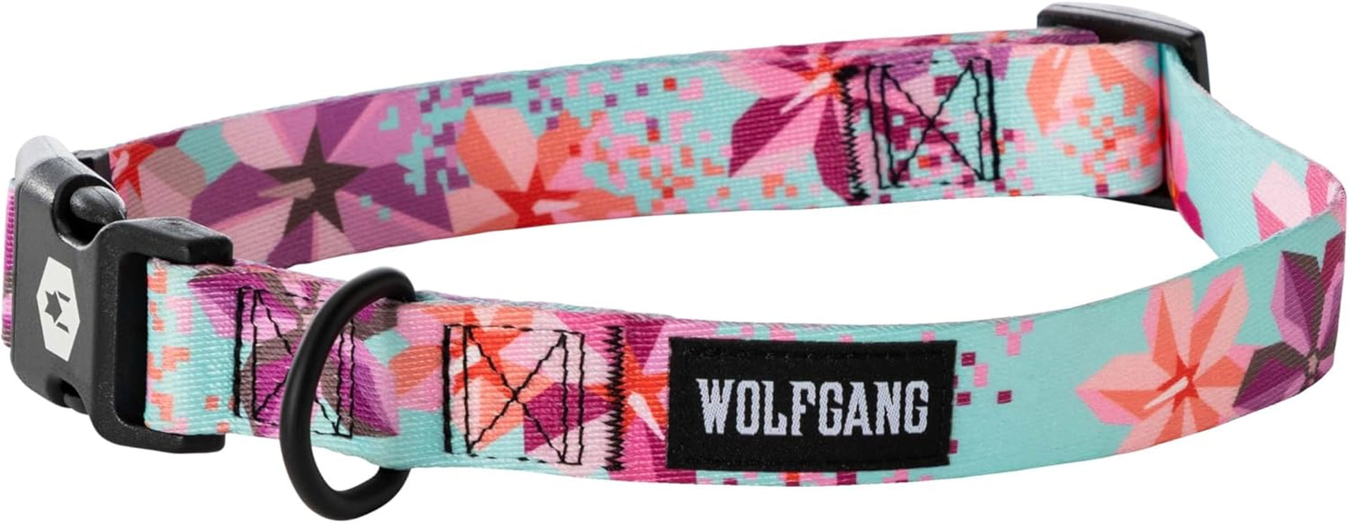 Wolfgang Heavy Duty Adjustable Dog Collar with colorful flower pattern and quick-release buckle.