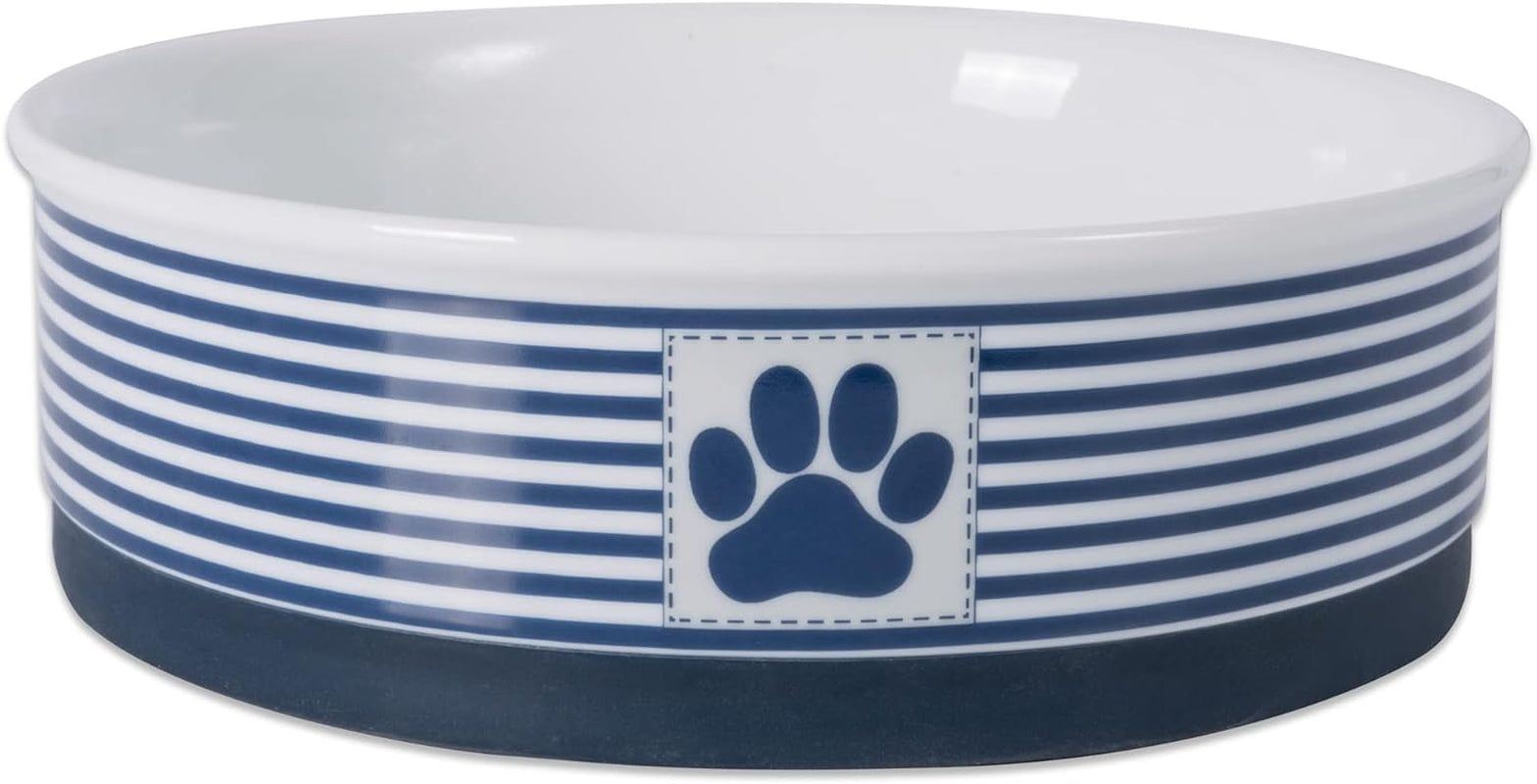 Ceramic Pet Bowl Set with striped design and paw print, ideal for pet food and water use.