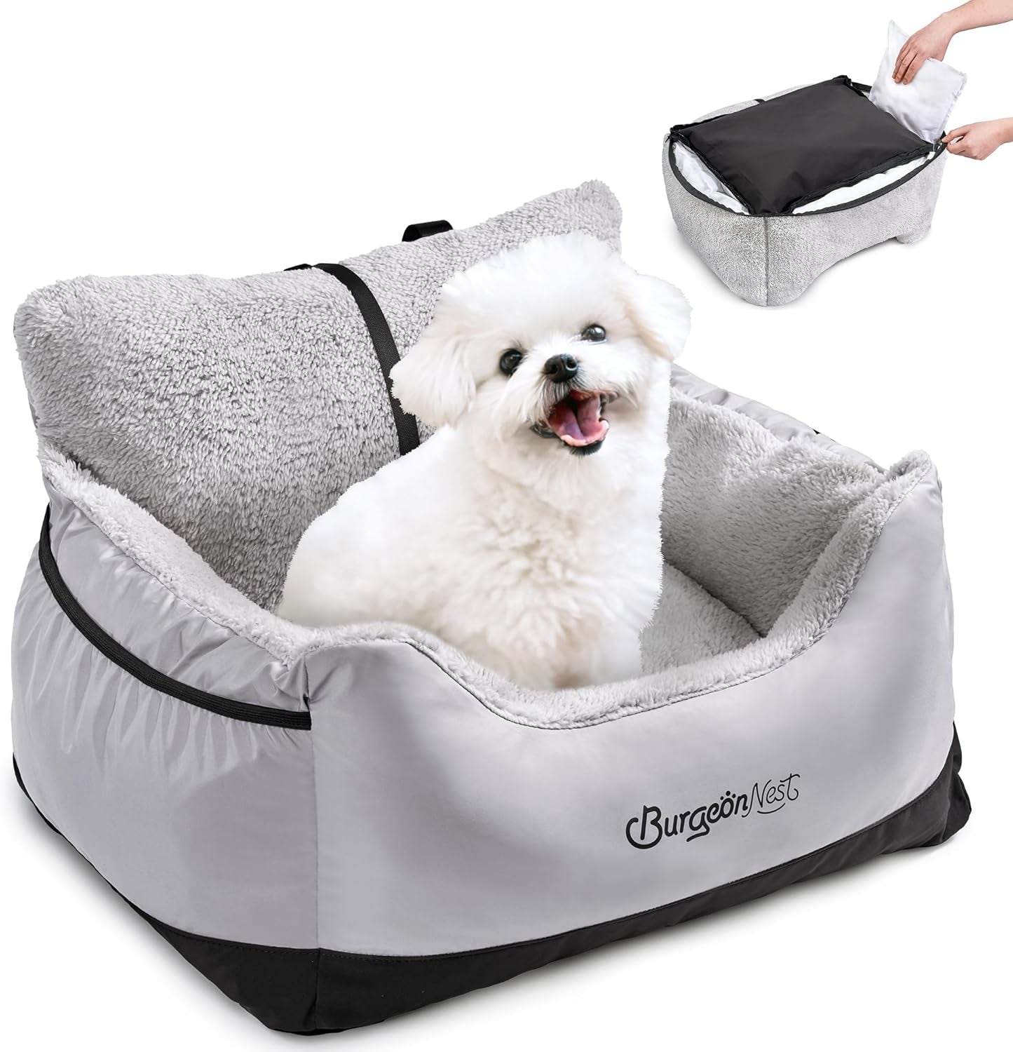 Dog booster car seat for small dogs with plush bedding for comfortable travel.
