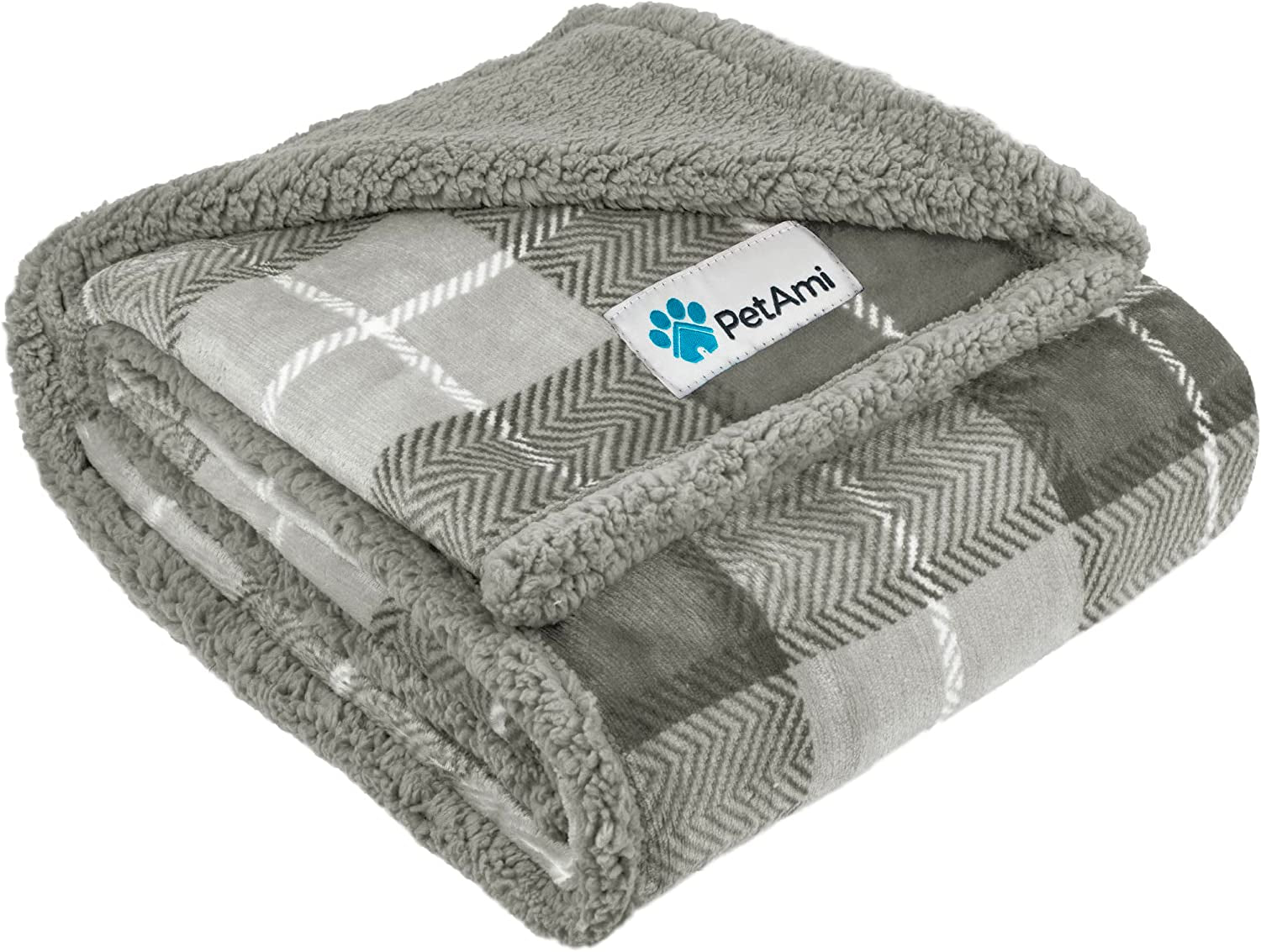 Gray plaid reversible sherpa dog blanket folded showing soft plush sherpa lining and patterned fleece exterior for pet comfort and furniture protection