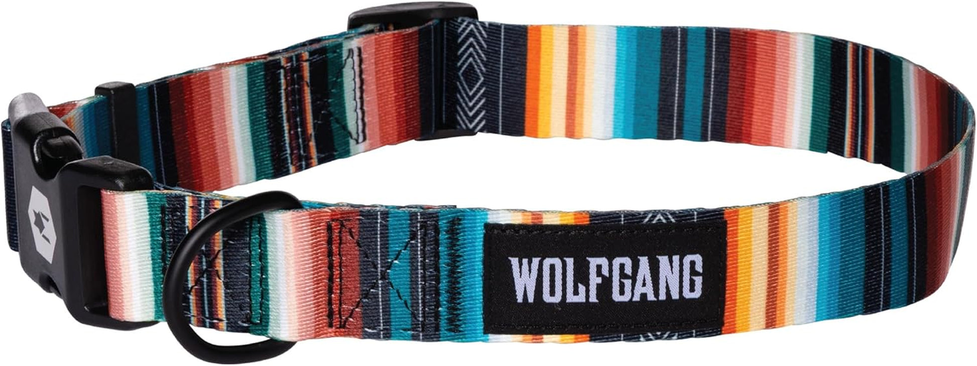Wolfgang Heavy Duty Adjustable Dog Collar featuring colorful striped pattern and quick-release buckle.