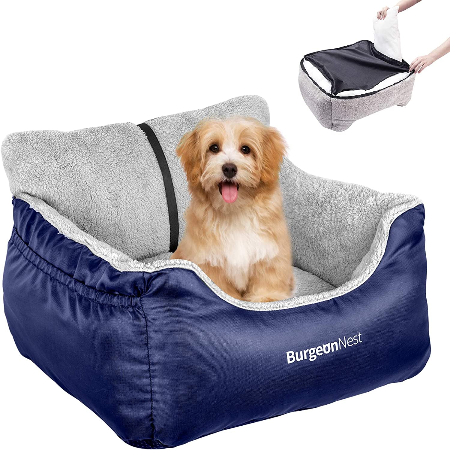Dog booster car seat for small dogs with elevated plush design for secure car travel.