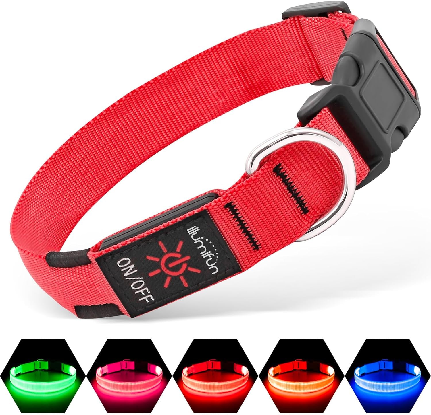 Red LED dog collar with adjustable buckle and multiple light modes for night safety and visibility