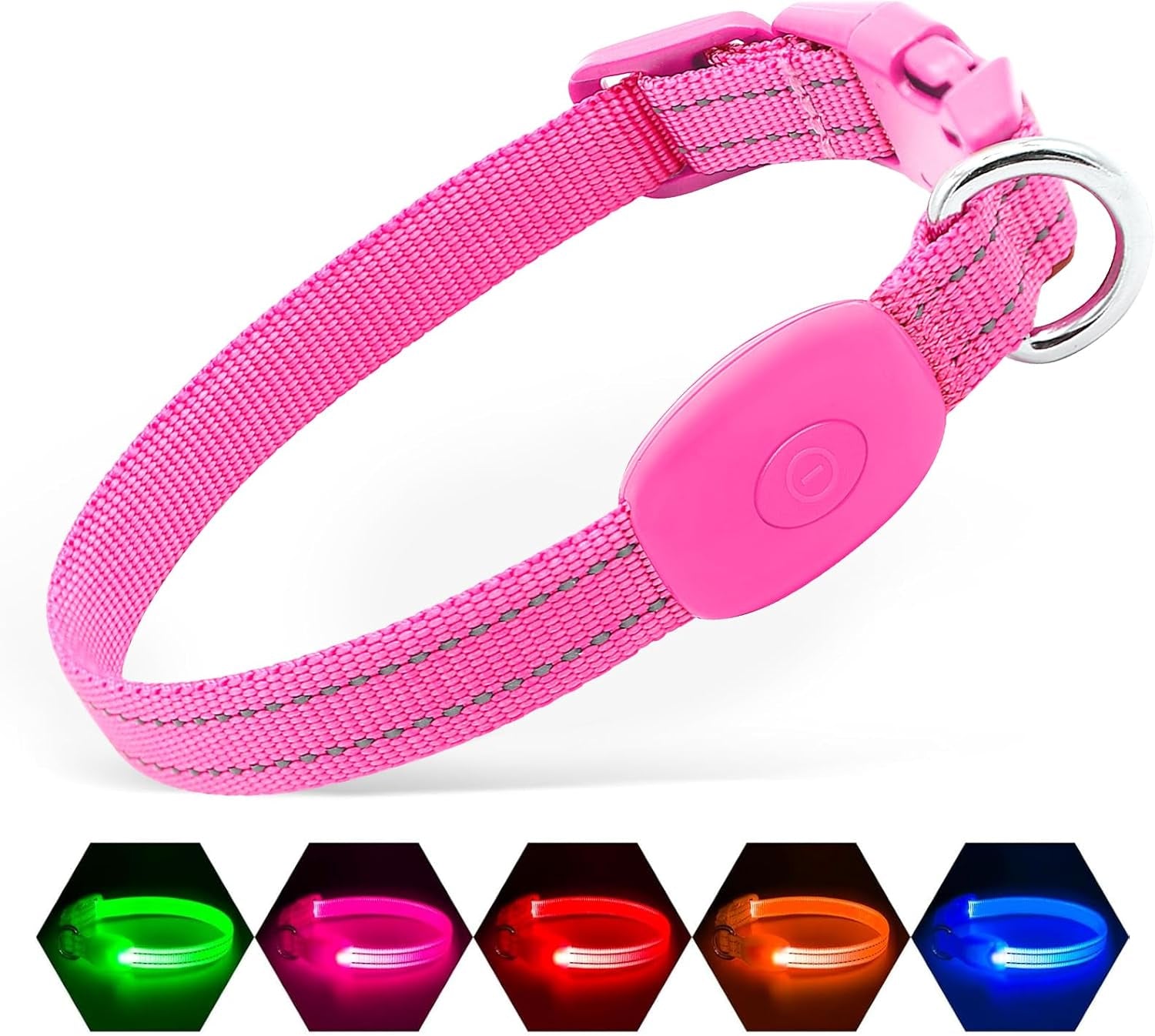Pink LED dog collar with adjustable buckle and multiple light modes for night safety and visibility