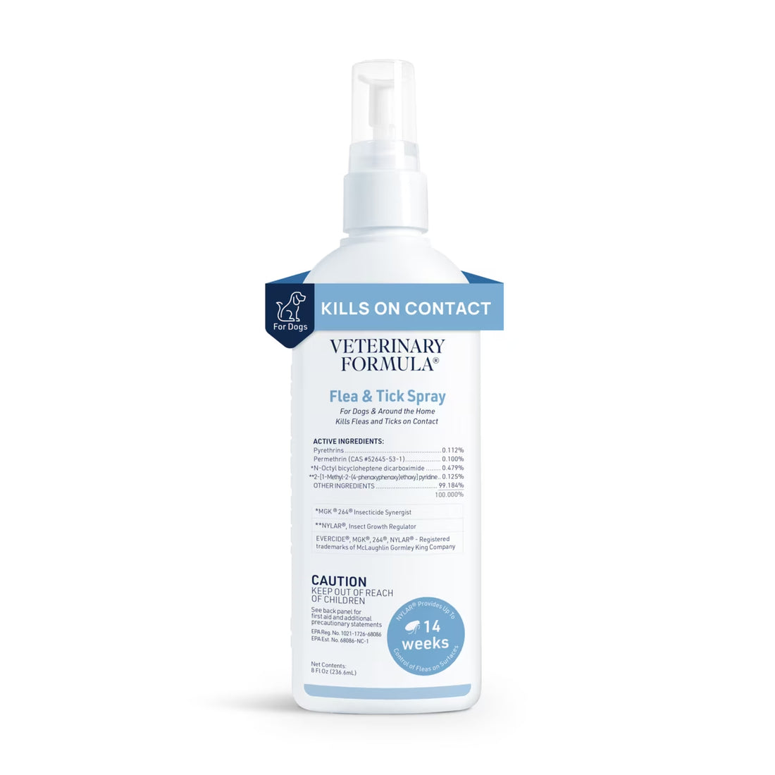 Flea and tick spray for dogs bottle with veterinary formula label showing kills on contact and easy spray nozzle design